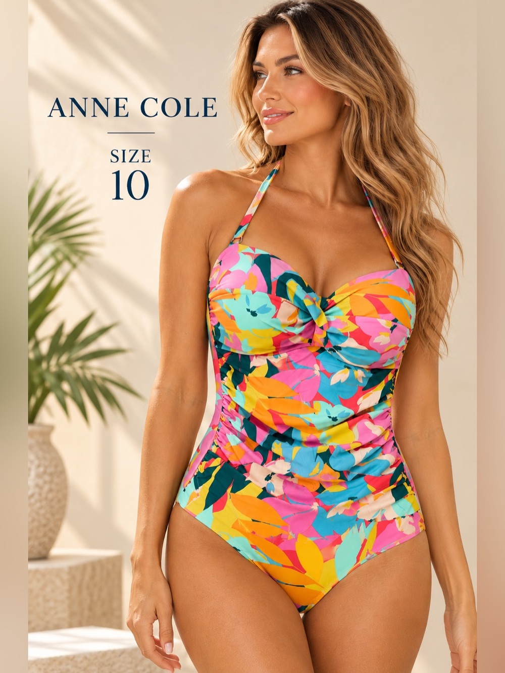 Anne Cole Floral Twist Front Halter One Piece Swimsuit Size 10